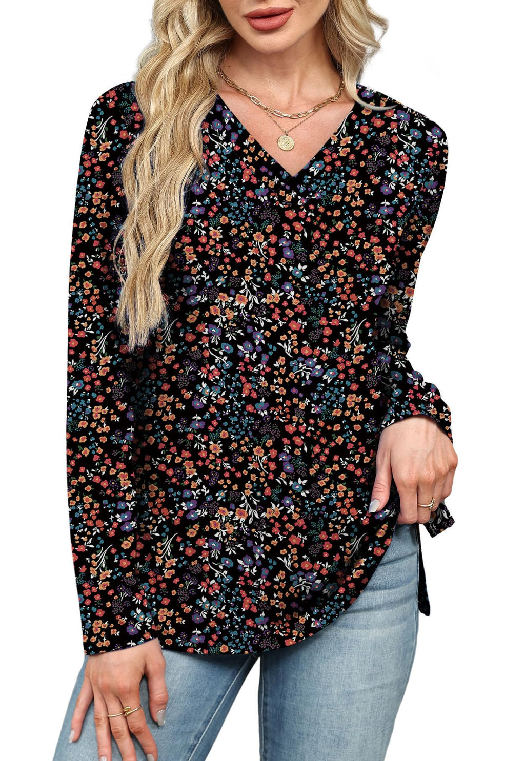 Long Sleeve Shirts for Women Fall Clothes Winter Clothing Boho Tops for Women Early Fall Fashion Must Haves Business Casual School Outfits for Teachers Floral Print L