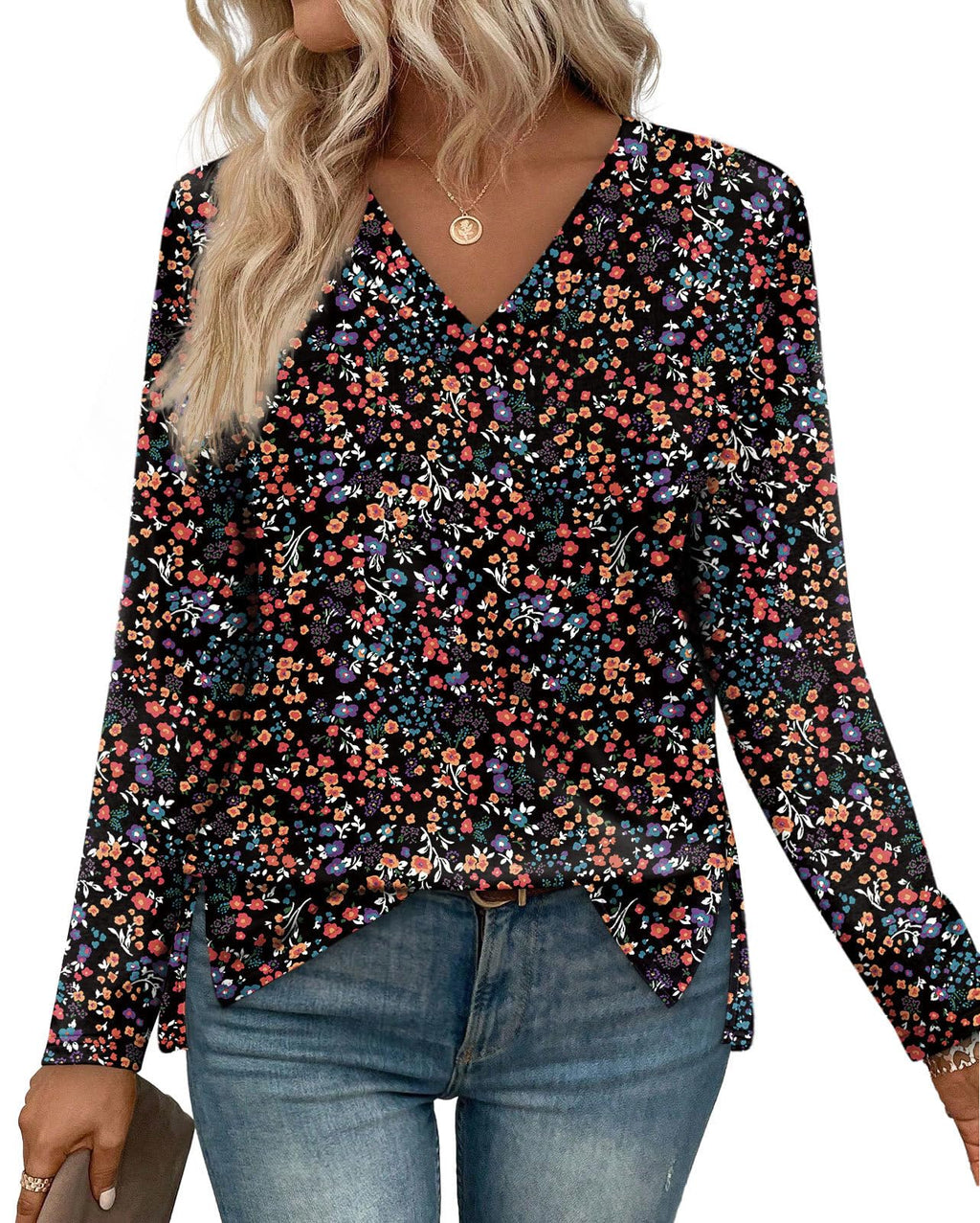 Long Sleeve Shirts for Women Fall Clothes Winter Clothing Boho Tops for Women Early Fall Fashion Must Haves Business Casual School Outfits for Teachers Floral Print L